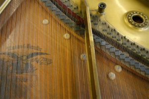 Like brass knuckles to the face, the scars on this soundboard are clearly visible from above